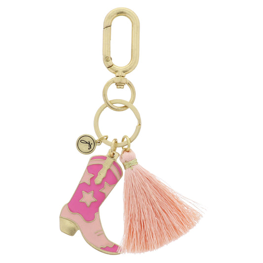 Multi Pink Enamel Star Cowgirl Boot, Large Light Pink Tassel Keychain, 2", 2" Top to Bottom