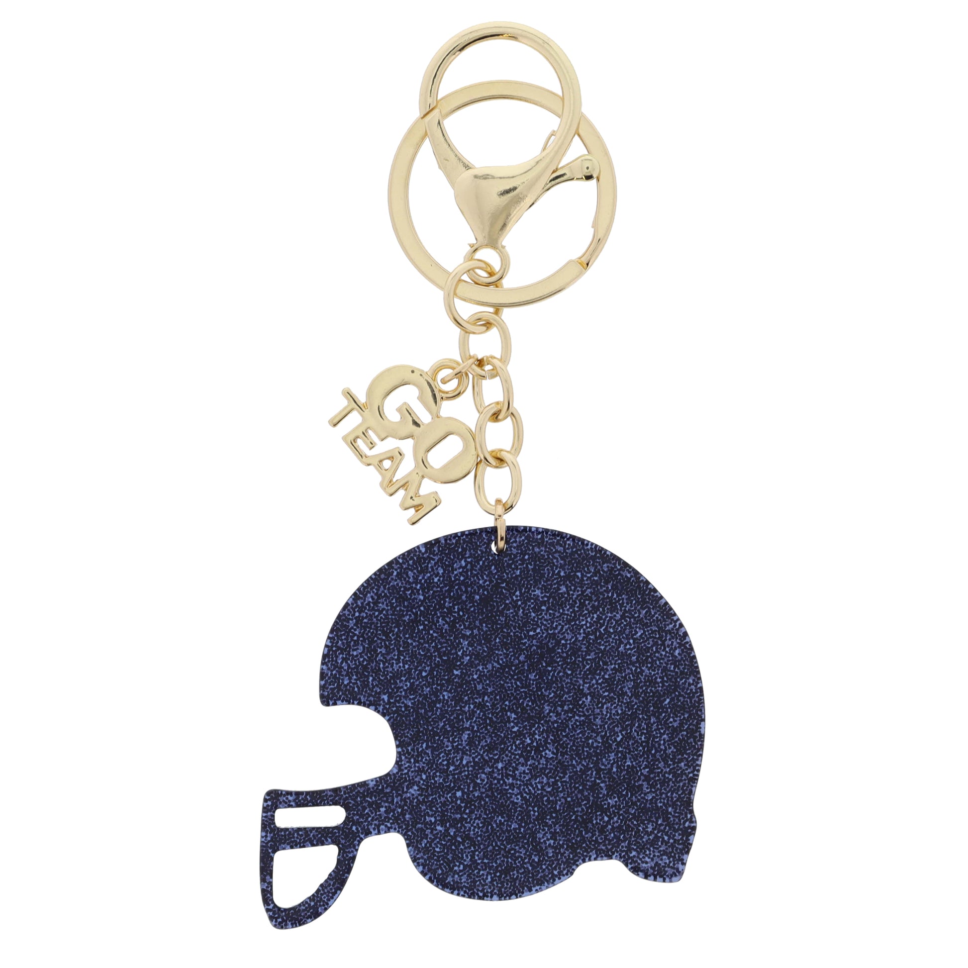 Small "GO TEAM" Charm and Navy Glitter Acrylic Football Helmet Keychain, .5", 2" Top To Bottom