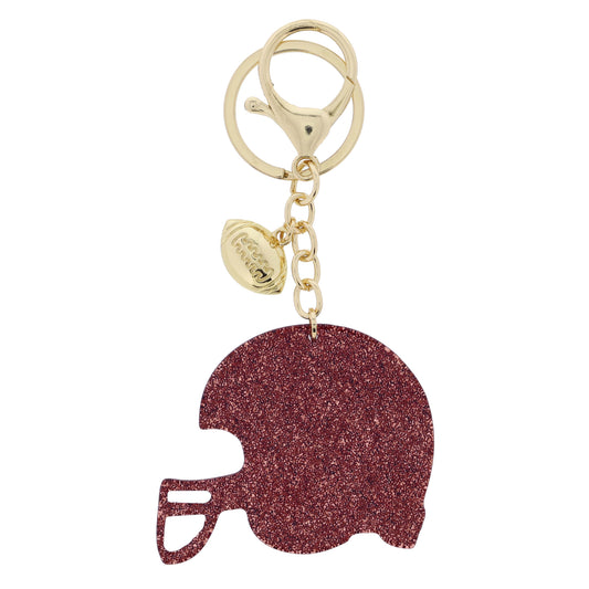 Small Gold Football Charm & Maroon Glitter Acrylic Football Helmet Keychain, .5", 2" Top To Bottom
