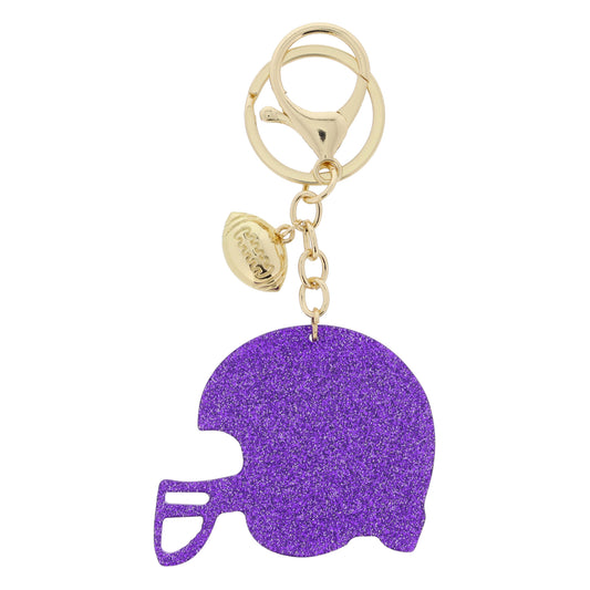 Small Gold Football Charm & Purple Glitter Acrylic Football Helmet Keychain, .5", 2" Top To Bottom