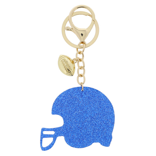 Gold Football Charm & Royal Blue Glitter Acrylic Football Helmet Keychain, .5", 2" Top To Bottom
