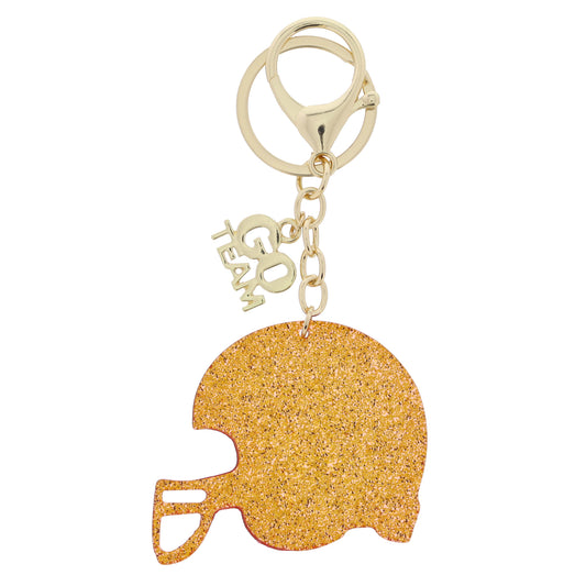 Small "GO TEAM" Charm and Orange Glitter Acrylic Football Helmet Keychain, .5", 2" Top To Bottom