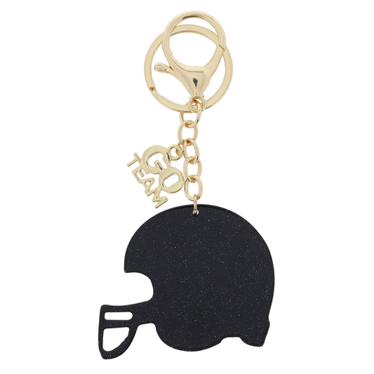 Small "GO TEAM" Charm and Black Glitter Acrylic Football Helmet Keychain, .5", 2" Top To Bottom