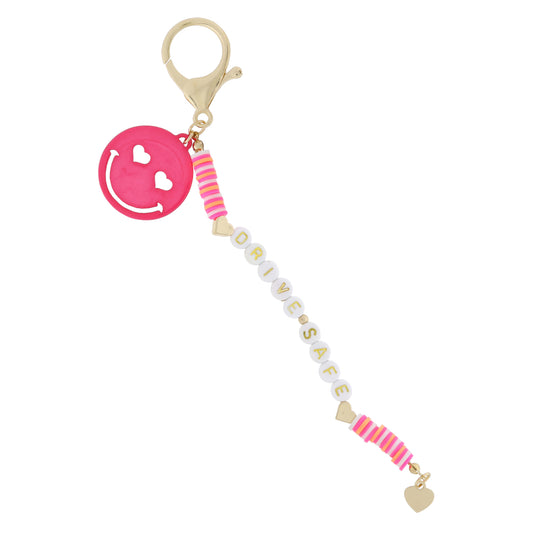 Multi Pink & Orange Rubber Sequin with "DRIVE SAFE" & Hearts, Pink Heart Eyed Happy Face Keychain