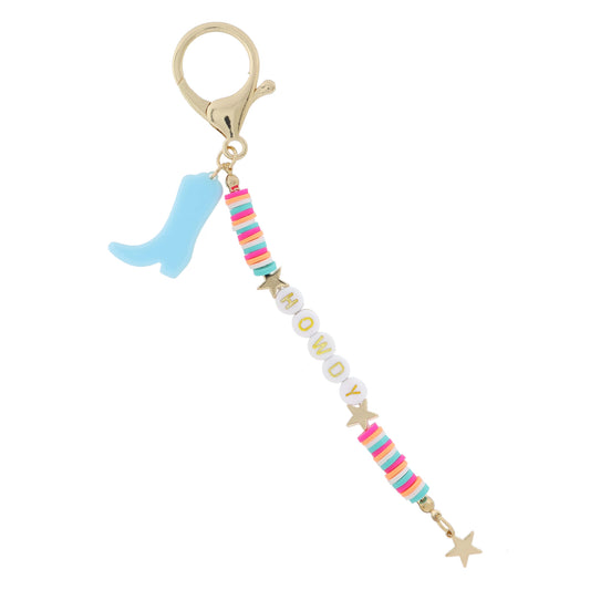 Multi Rubber Sequin with "HOWDY" and Gold Stars, Aqua Cowgirl Boot Keychain