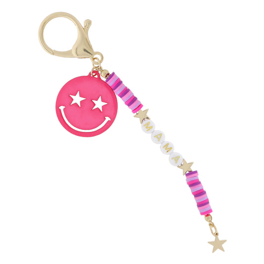 Multi Fuchsia Rubber Sequin with "MAMA" and Gold Stars, Hot Pink Star Eyed Happy Face Keychain