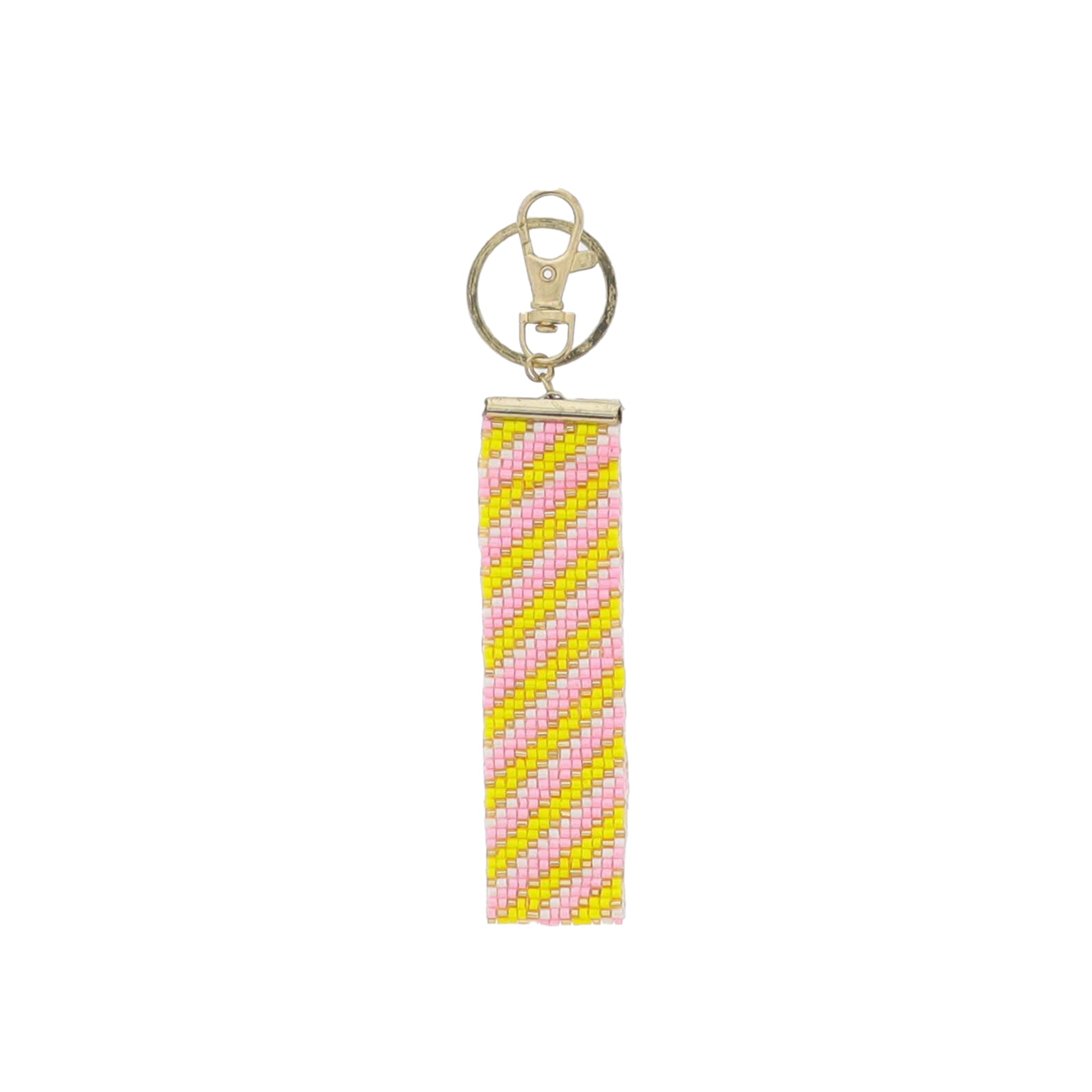 Yellow, White, Pink, Gold Diagnal Stripe Beaded Keychain