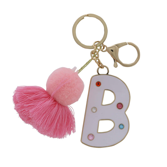 White Enamel "B" with Multi Crystals & Pom Tassel Keychain
