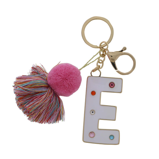White Enamel "E" with Multi Crystals & Pom Tassel Keychain