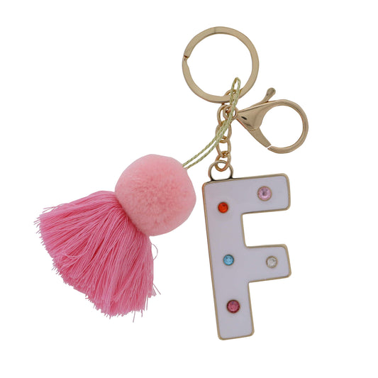 White Enamel "F" with Multi Crystals & Pom Tassel Keychain