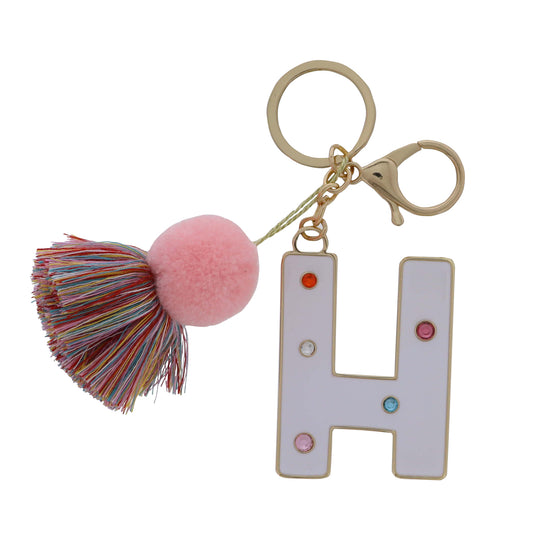 White Enamel "H" with Multi Crystals & Pom Tassel Keychain