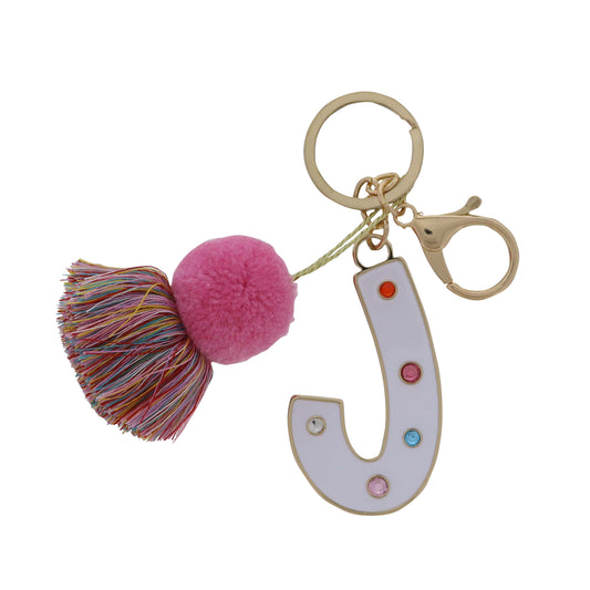 White Enamel "J" with Multi Crystals & Pom Tassel Keychain