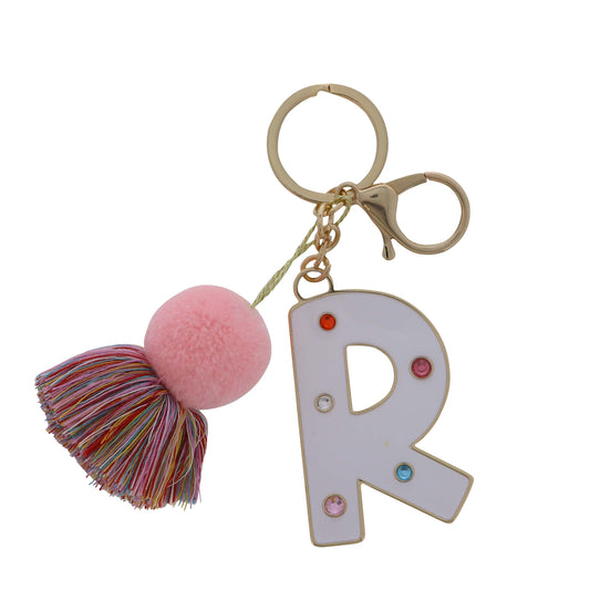 White Enamel "R" with Multi Crystals & Pom Tassel Keychain