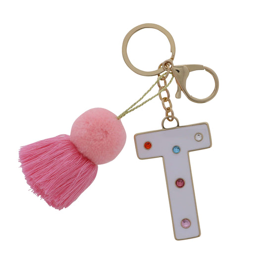 White Enamel "T" with Multi Crystals & Pom Tassel Keychain