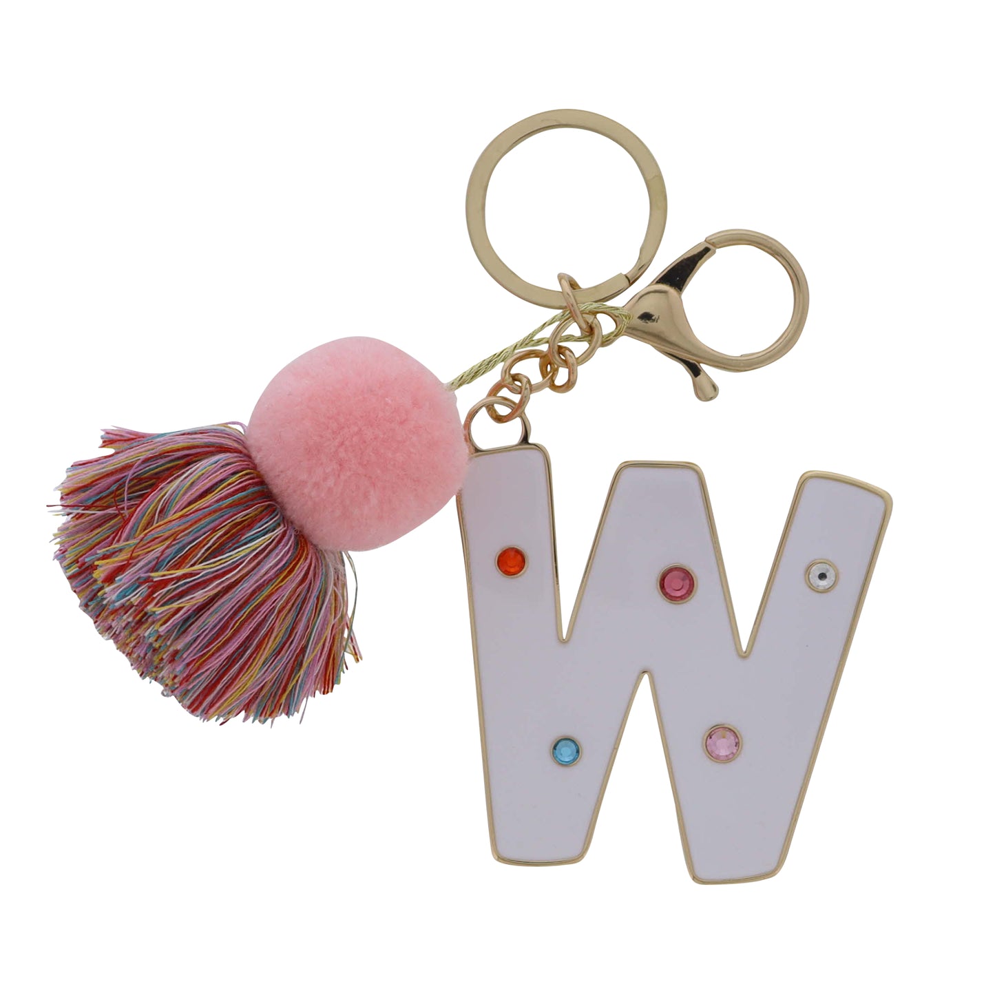 White Enamel "W" with Multi Crystals & Pom Tassel Keychain