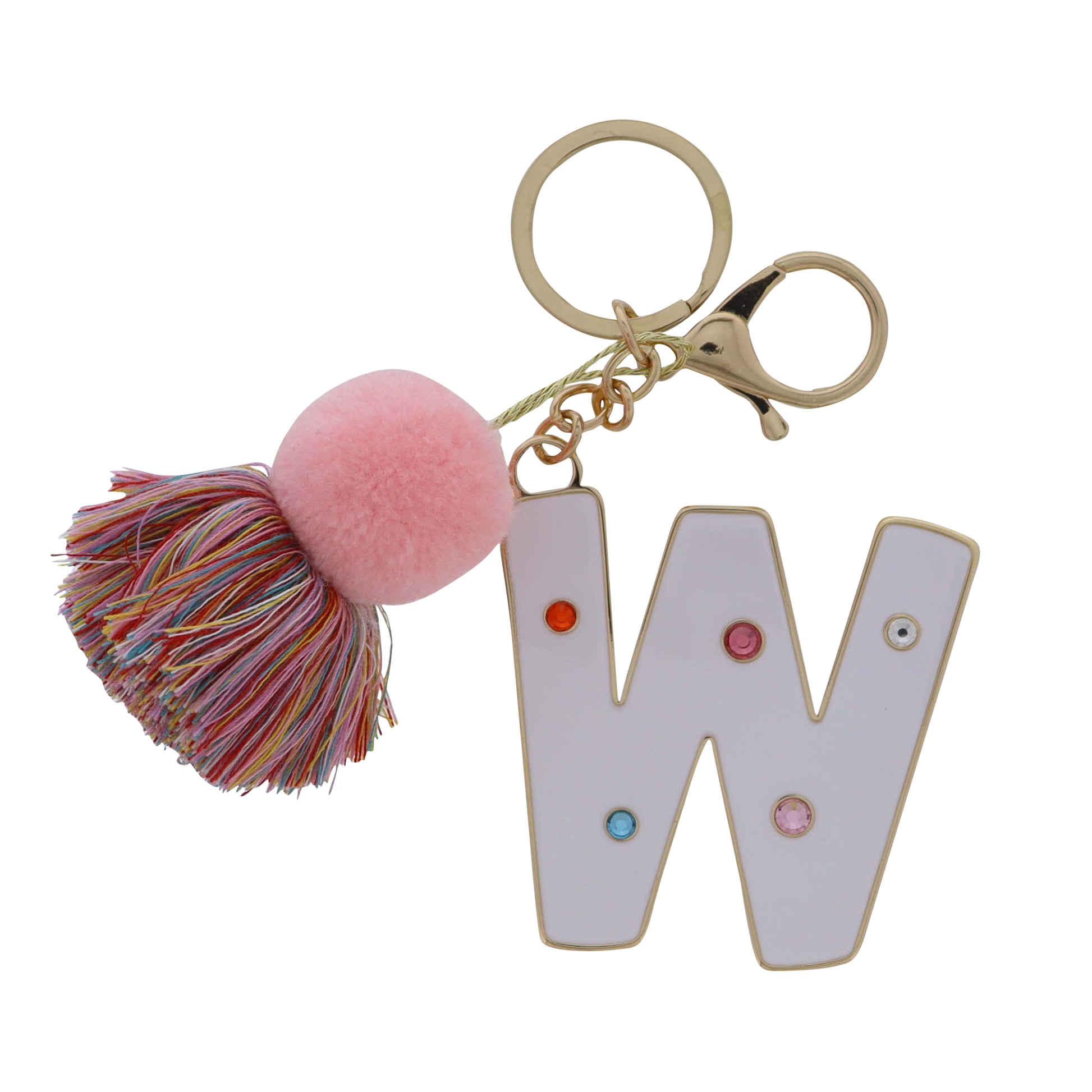 White Enamel "W" with Multi Crystals & Pom Tassel Keychain