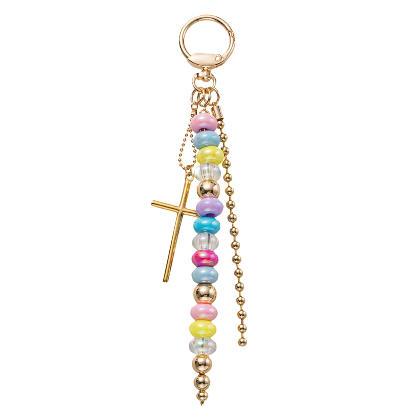 Pink, Blue, Yellow, Gold Beaded Strand, Gold Cross, Ball Chain Strand Keychain
