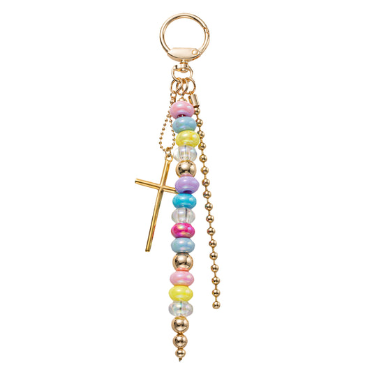 Pink, Blue, Yellow, Gold Beaded Strand, Gold Cross, Ball Chain Strand Keychain