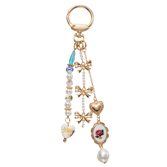 Pearl, Gold, Pink Floral Beads, Bows, Hearts Multi Strand Keychain