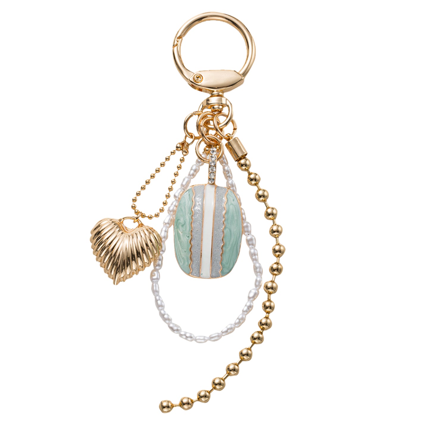 Pearl, Gold, Mint Multi Strand, Heart, Enamel Stone, Ball Chain Strand Keychain