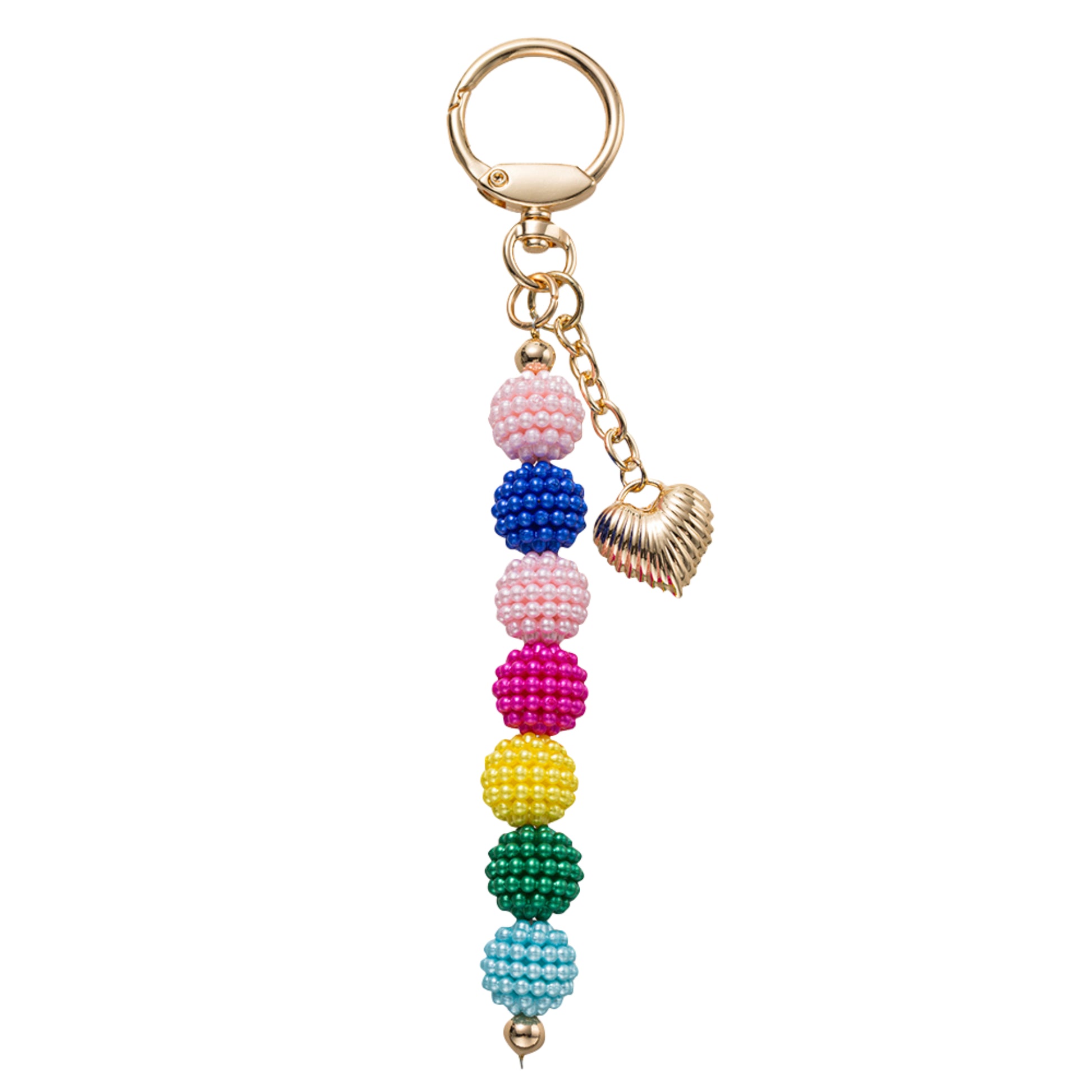 Pink, Royal, Yellow, Green Beaded Ball Strand Keychain with Gold Heart