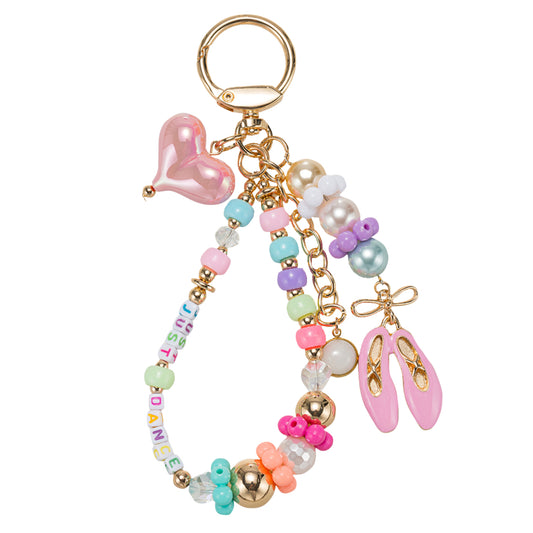 Yellow, White, Purple, Pink Beaded Loop with Ballet Slippers & "Just Dance" Keychain