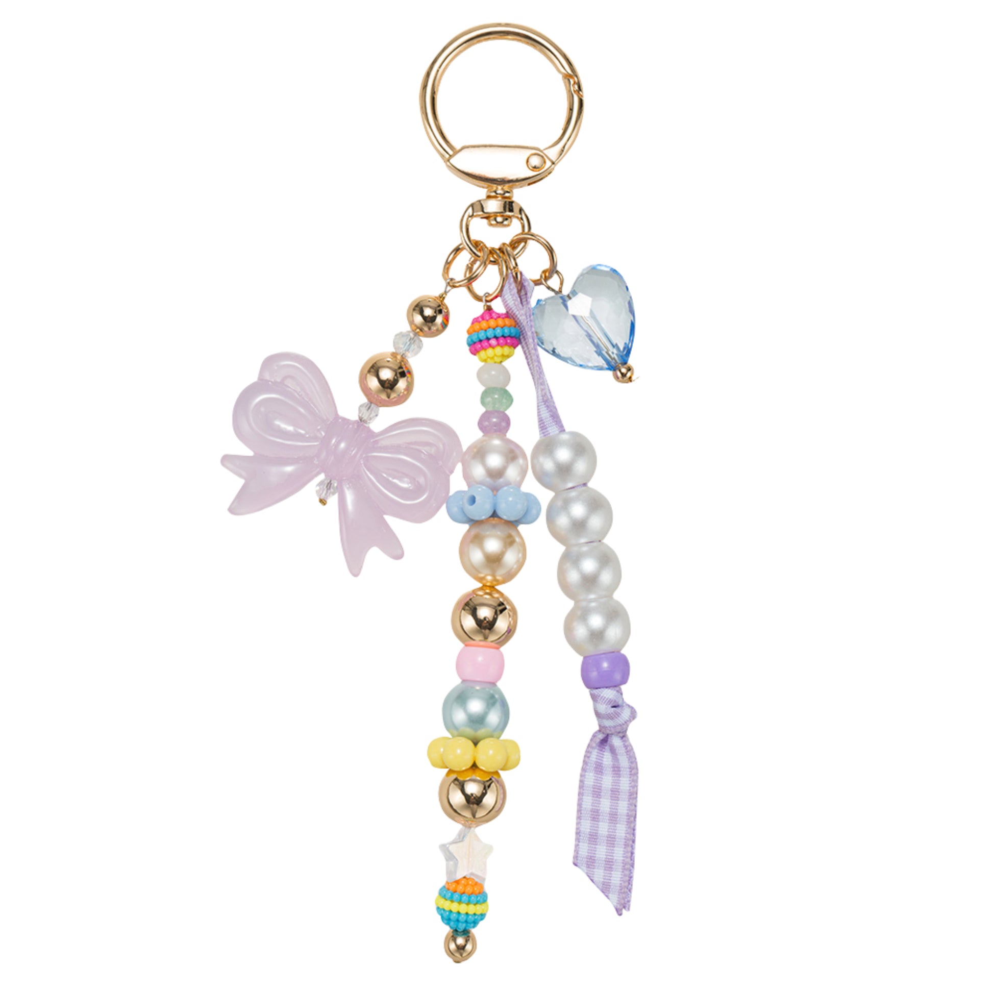 Purple, Multi Beaded Strands with Gingham Strand & Bow Keychain
