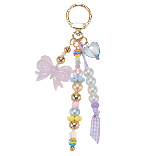 Purple, Multi Beaded Strands with Gingham Strand & Bow Keychain