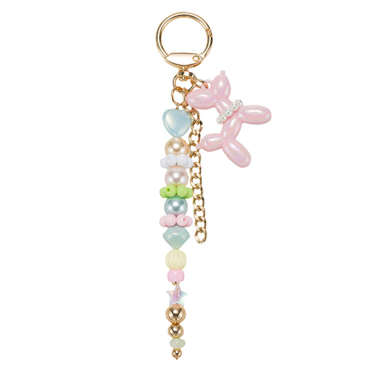 Pastel Multi Beaded Strand with Pink Balloon Dog Keychain