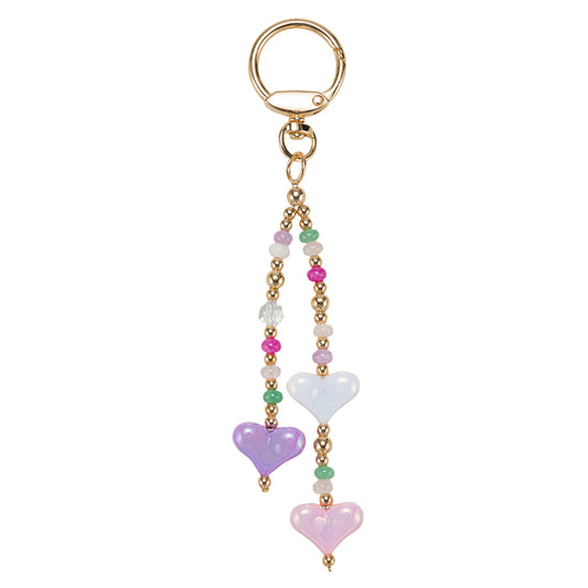 Purple, White, Pink Beaded Strands with Hearts Keychain