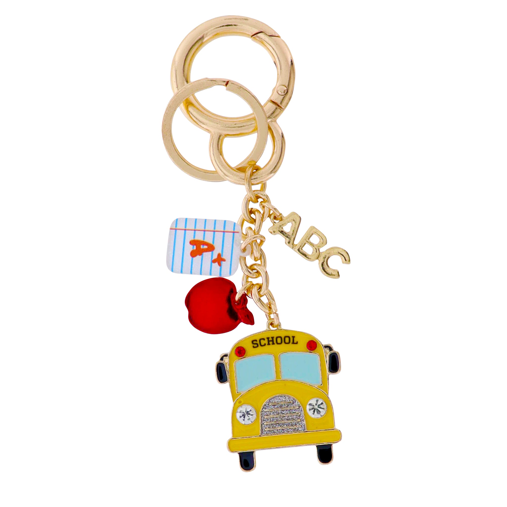 Yellow, Blue, Red, Gold School Bus Keychain with Paper, "ABC" & Apple Charms
