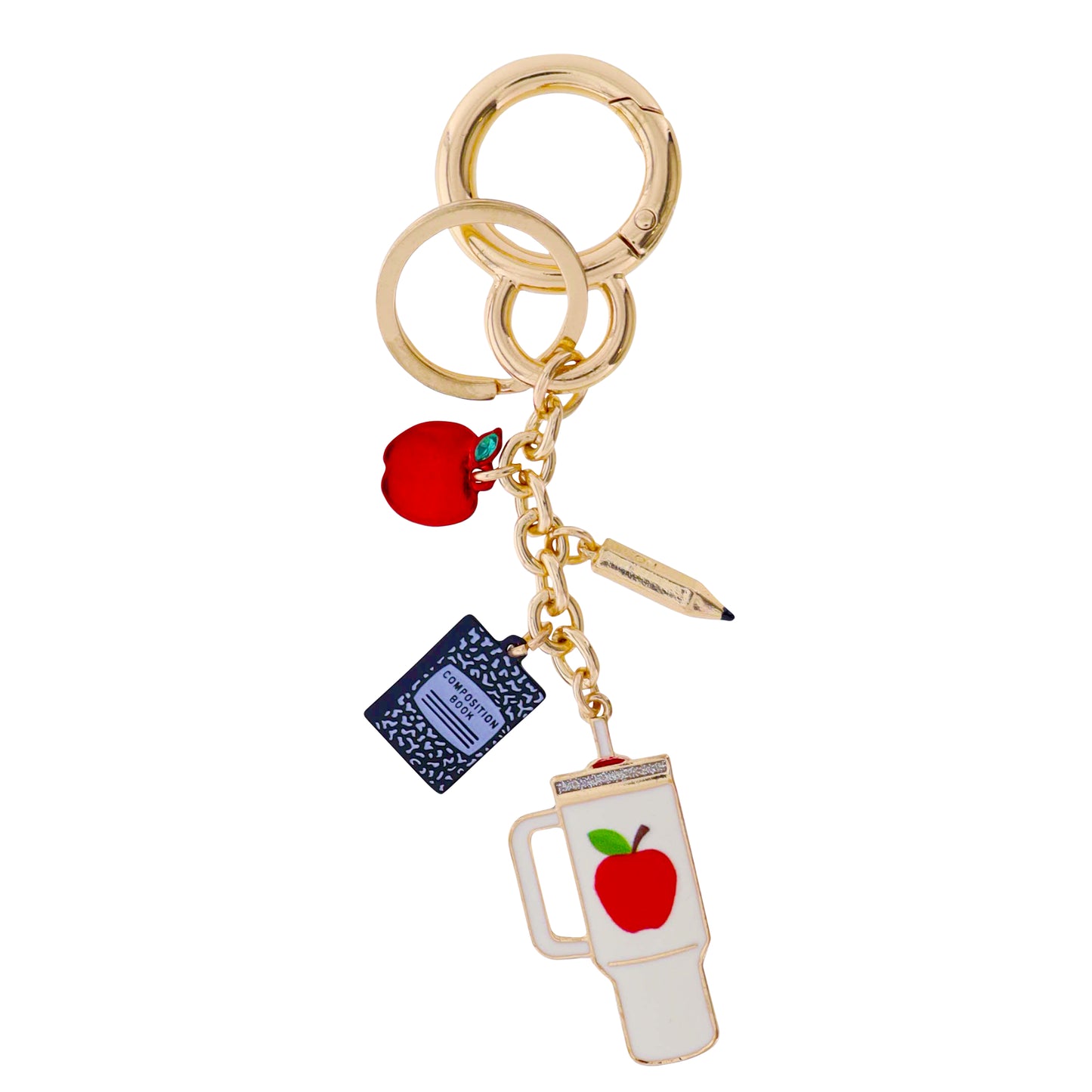 White, Red, Black Tumbler Cup Keychain with Notebook, Pencil & Apple Charms
