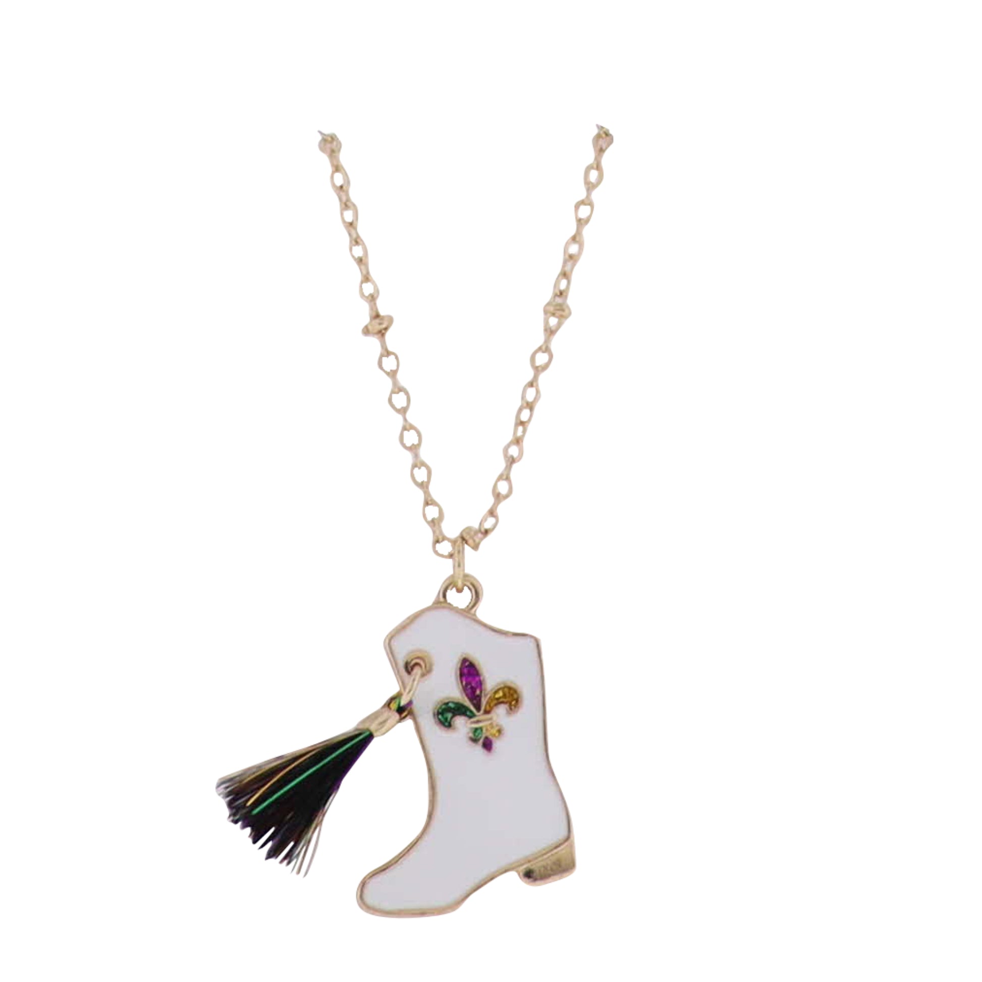 Gold Link Chain Necklace with White Mardi Gras Boot & Tassel