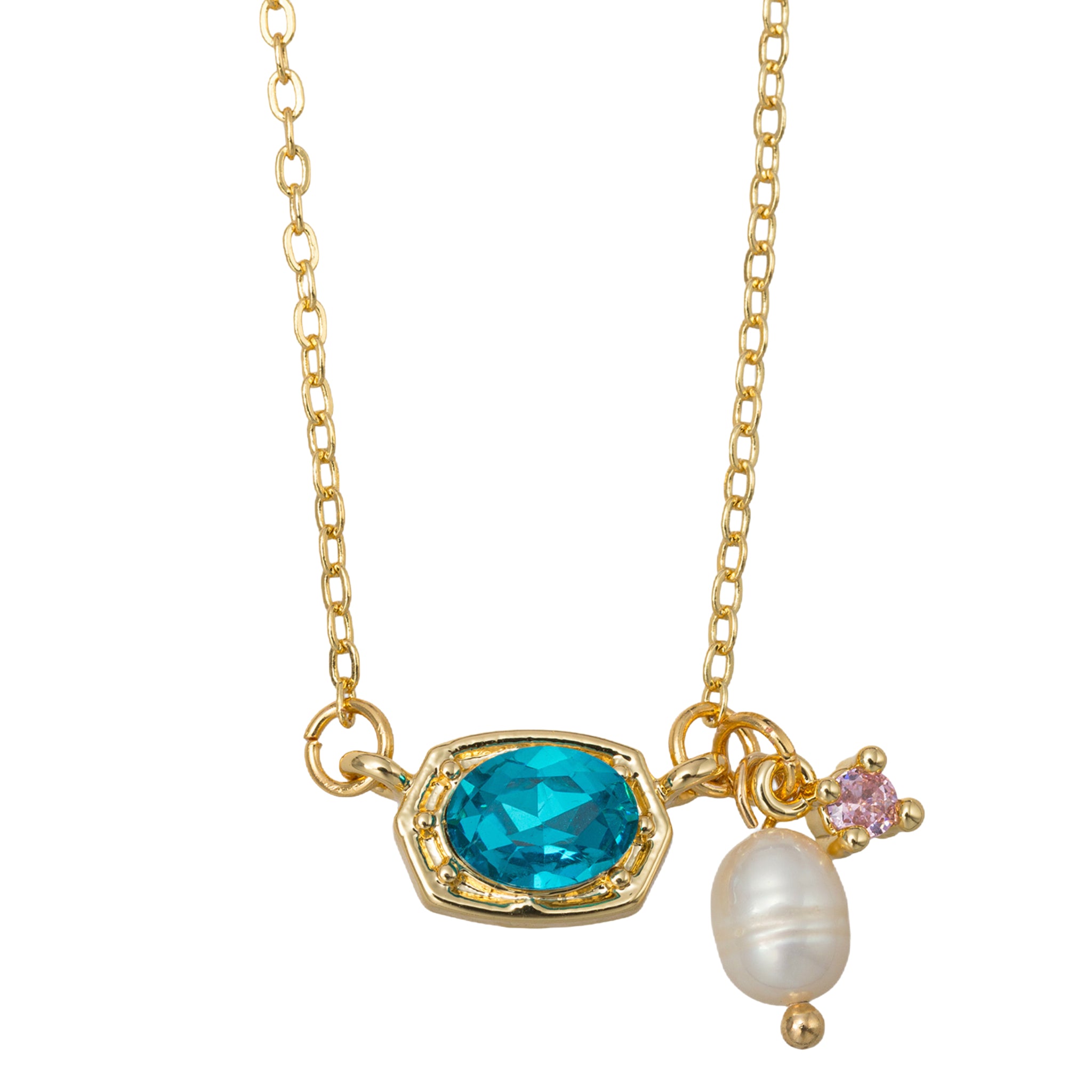 Kids 18K Gold Plated O Chain Necklace with Blue Crystal and Pink & Pearl Charms