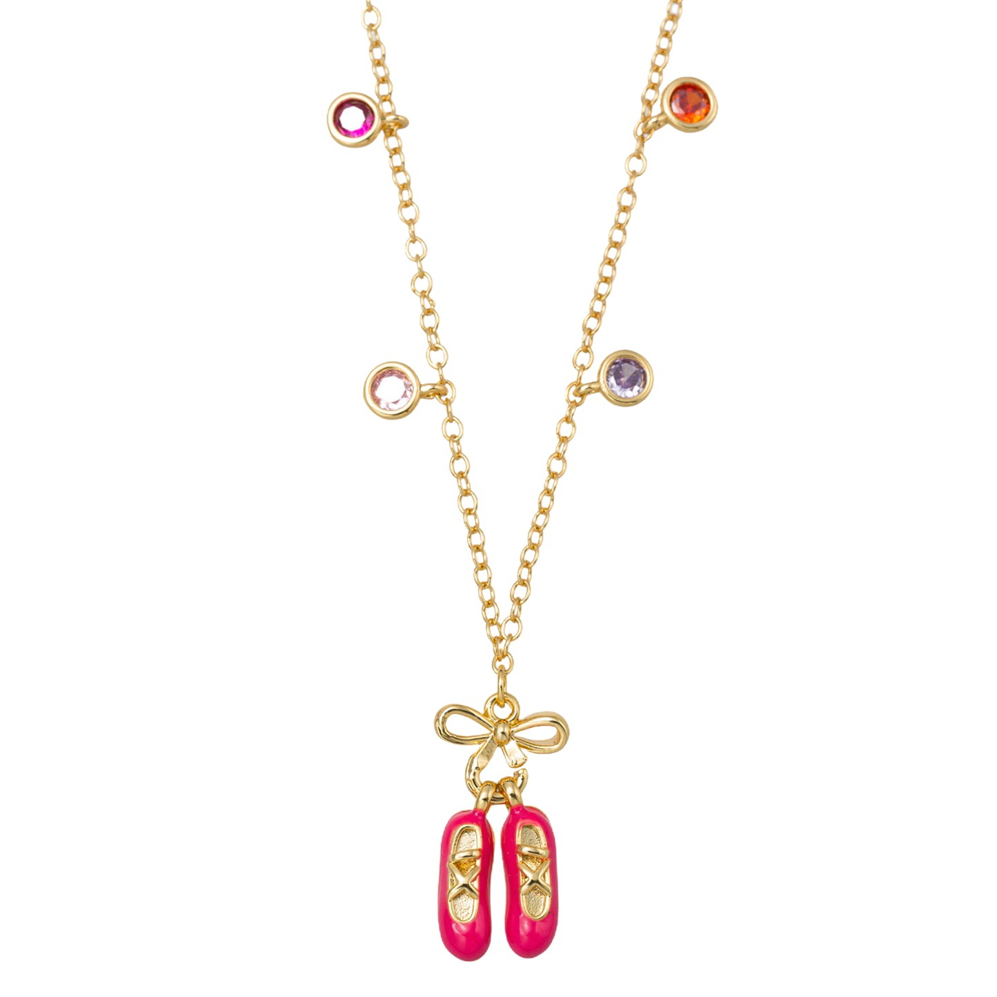 Kids 18K Gold Plated O Chain Necklace with Pink Ballerina Slippers, Crystal Accents