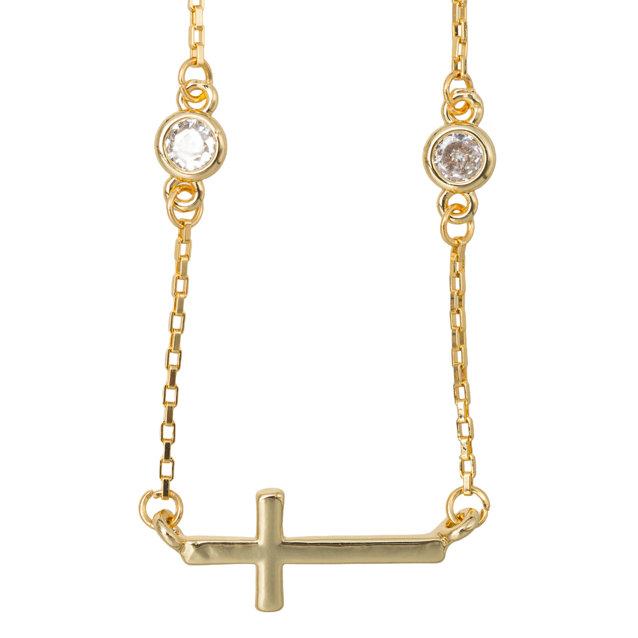 Kids 18K Gold Plated Long Box Chain Necklace with Gold Sidways Cross and Crystal Accents
