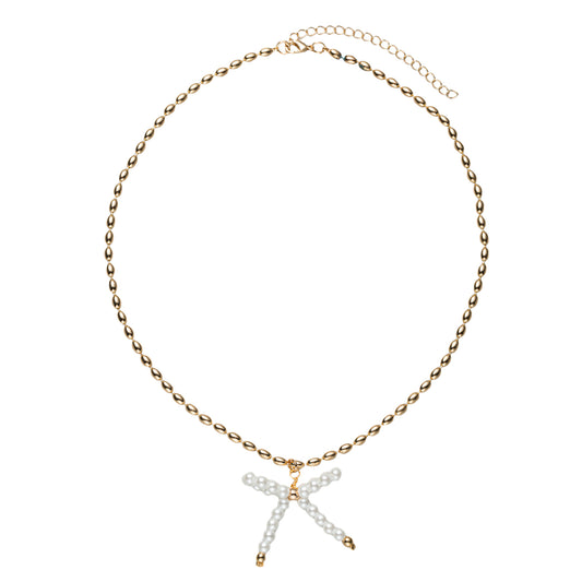 Gold Beaded Necklace with Pearl Beaded Bow