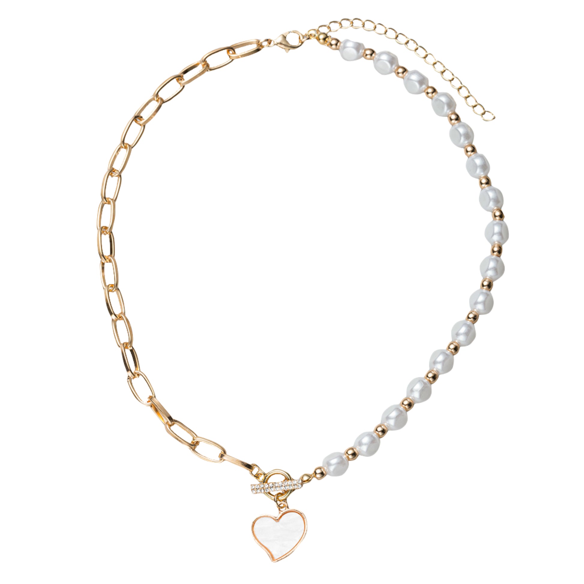 Pearl, Gold Chain, Beaded Necklace with Shell Heart