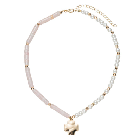 Pink, Gold, Pearl Rose Quartz Beaded Necklace with Gold Cross