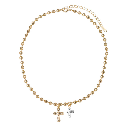 18K Gold Plated Gold Ball Beaded Necklace with Two Tone Crosses