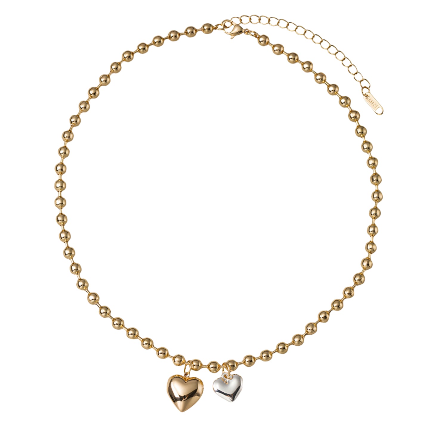 18K Gold Plated Gold Ball Beaded Necklace with Two Tone Hearts
