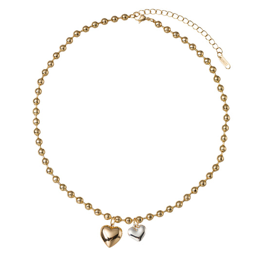 18K Gold Plated Gold Ball Beaded Necklace with Two Tone Hearts