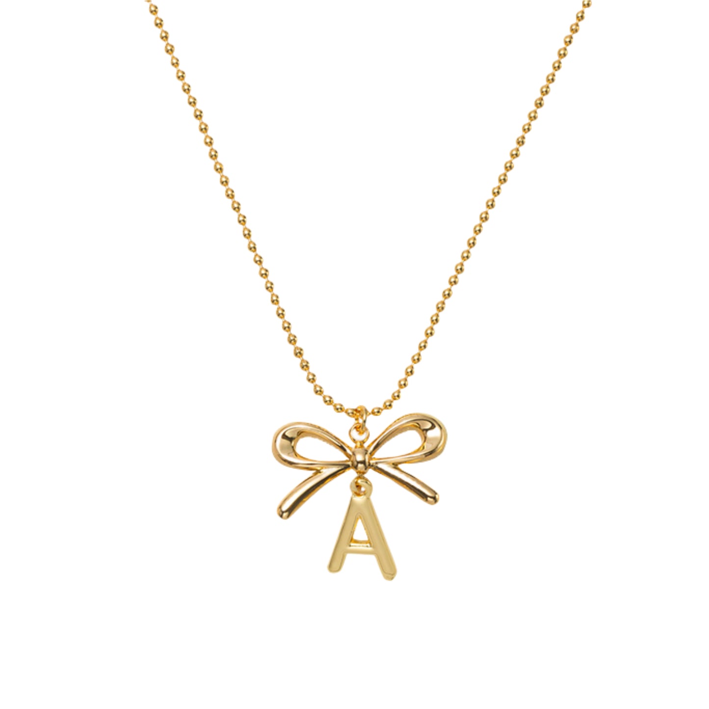 18K Gold Plated Ball Chain Necklace with Gold Bow & Initial "A"