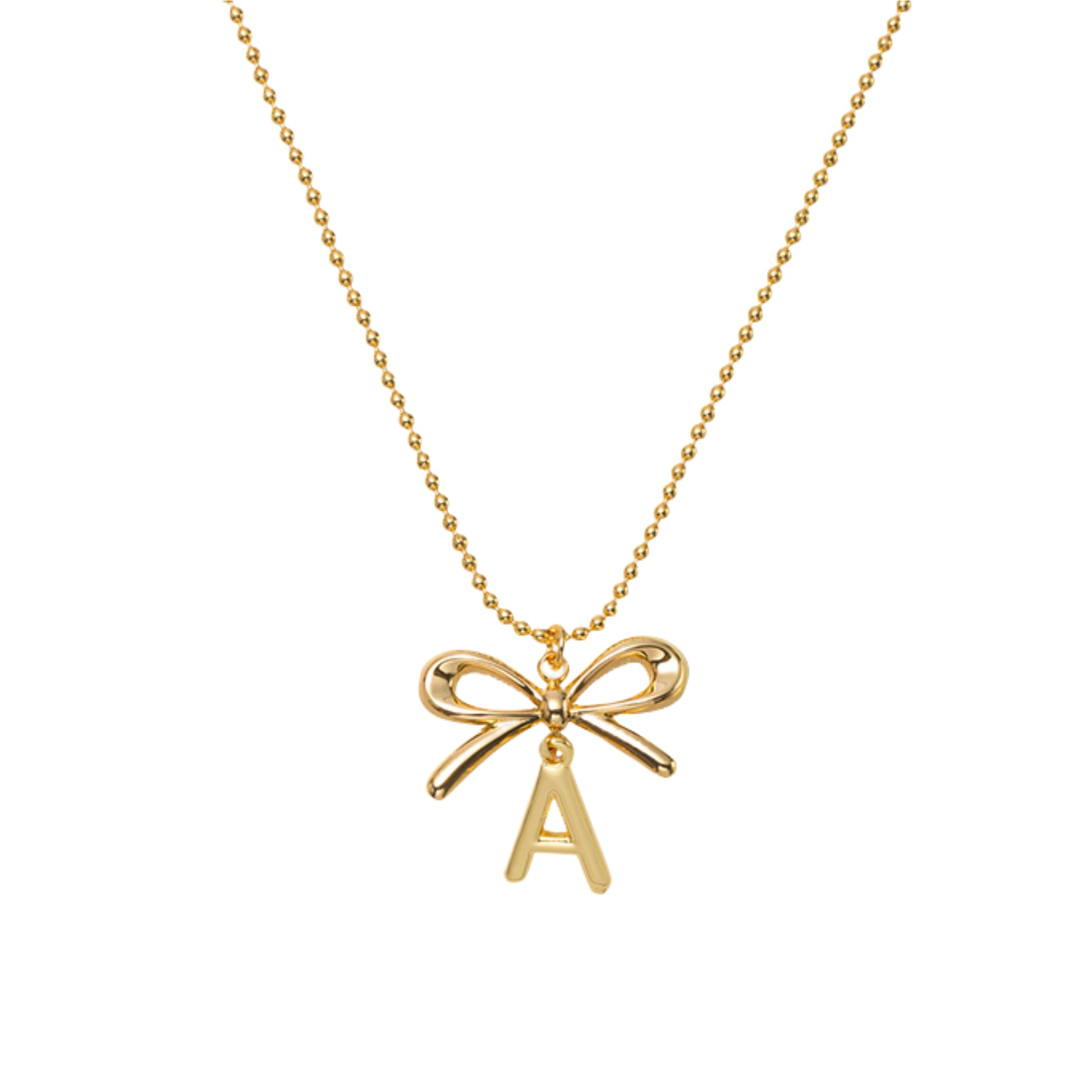 18K Gold Plated Ball Chain Necklace with Gold Bow & Initial "A"
