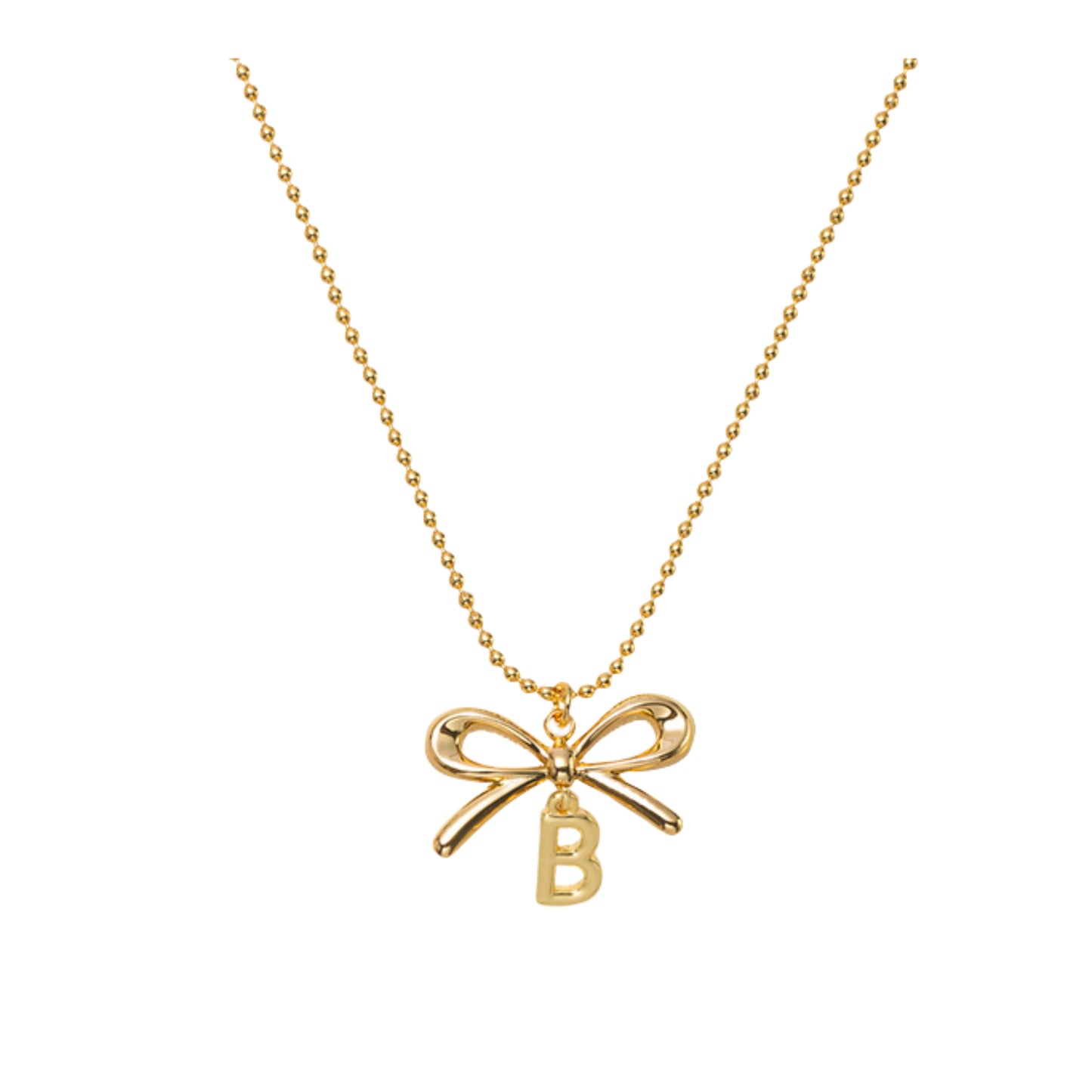 18K Gold Plated Ball Chain Necklace with Gold Bow & Initial "B"