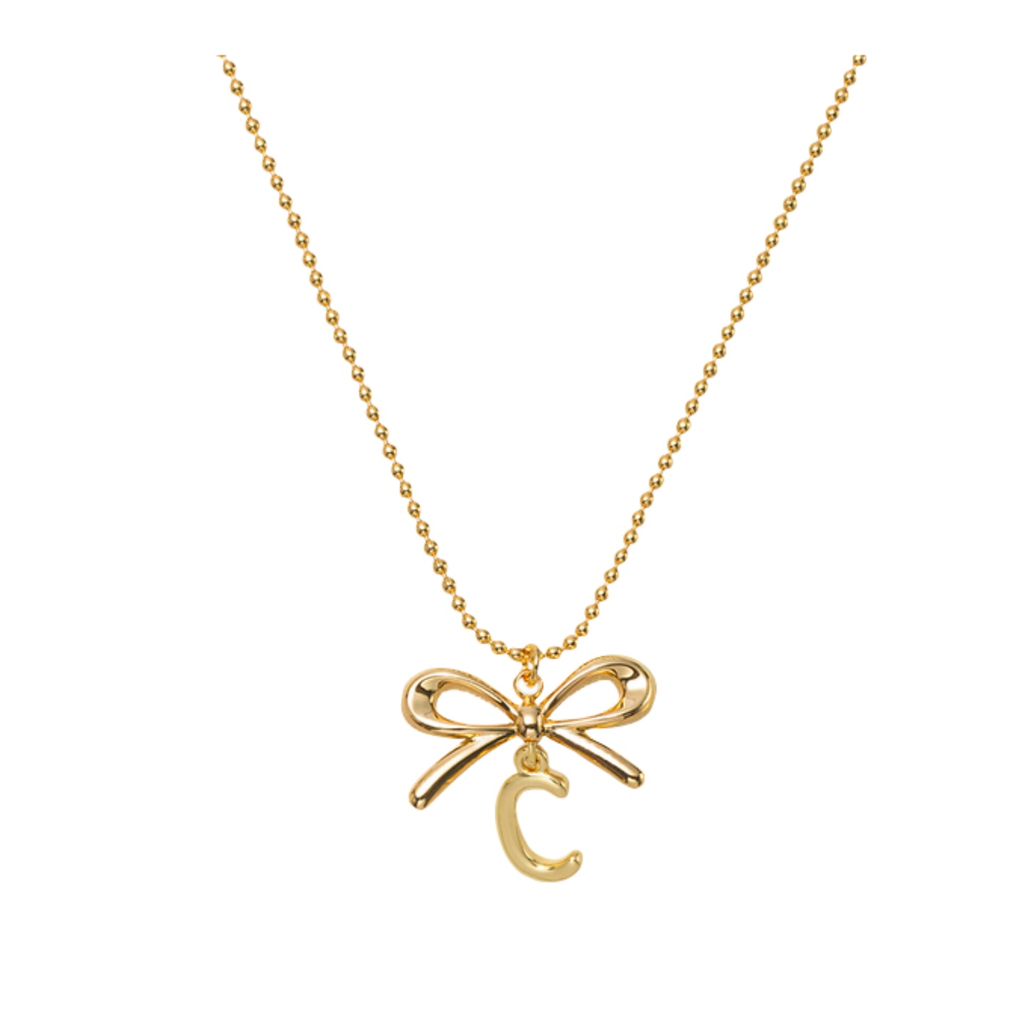 18K Gold Plated Ball Chain Necklace with Gold Bow & Initial "C"