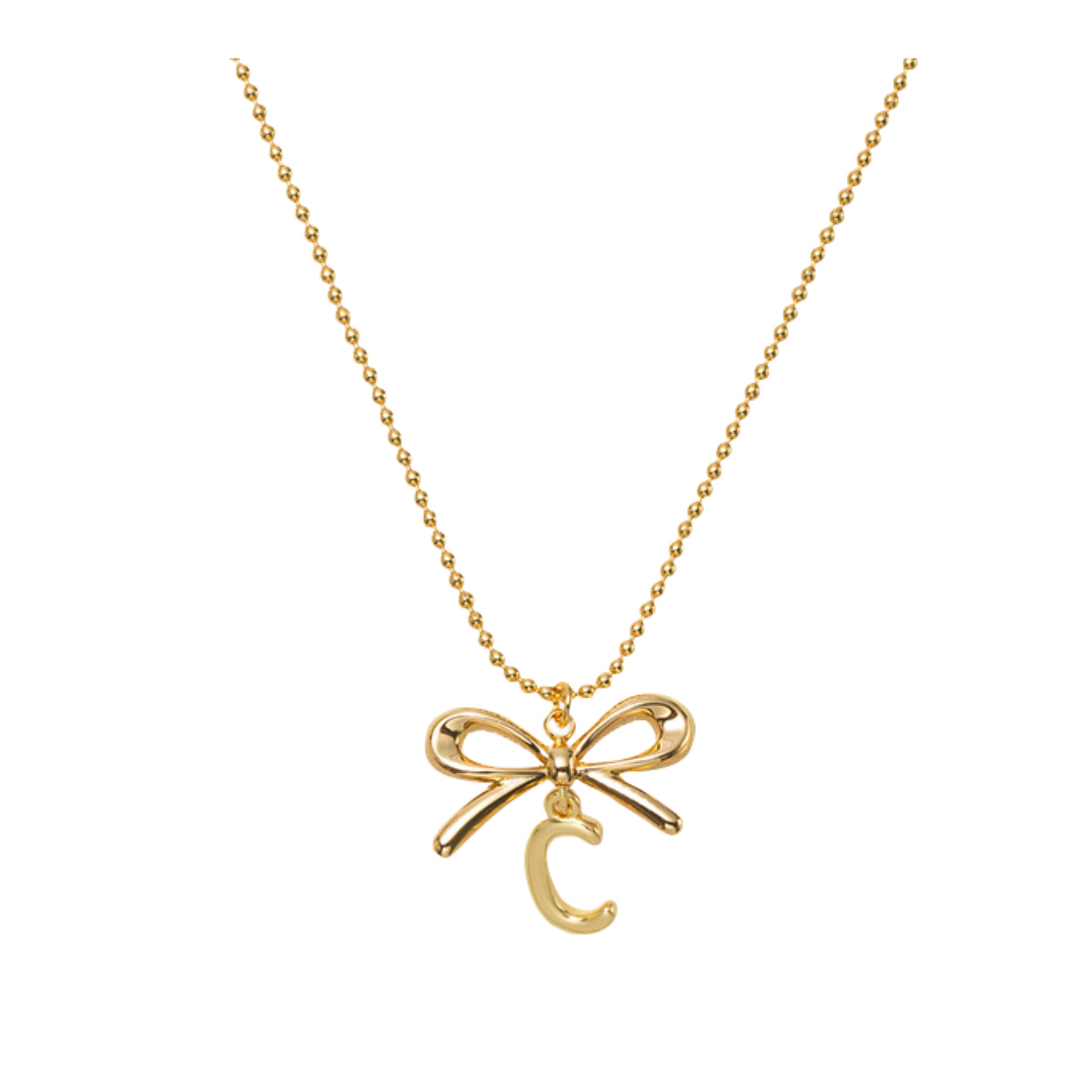 18K Gold Plated Ball Chain Necklace with Gold Bow & Initial "C"
