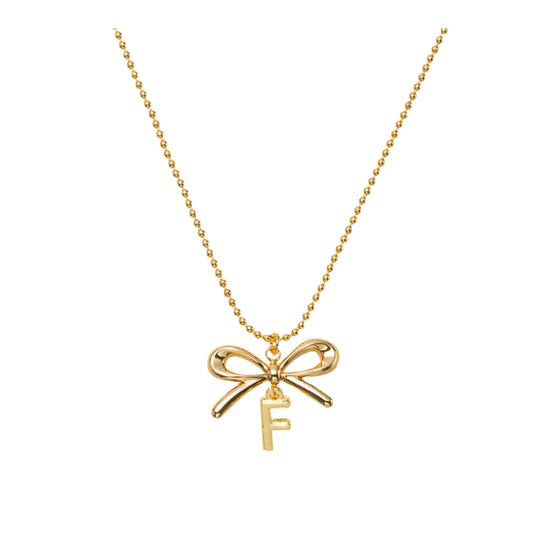 18K Gold Plated Ball Chain Necklace with Gold Bow & Initial "F"