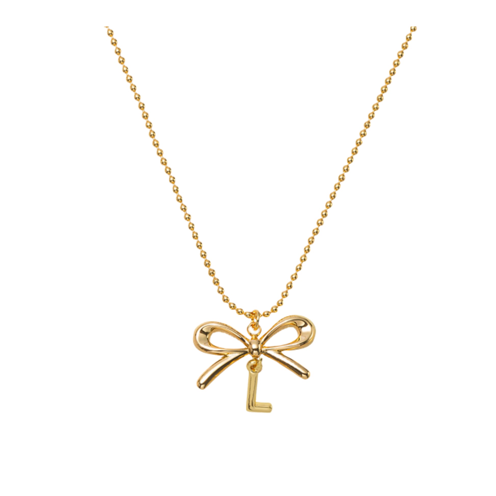 18K Gold Plated Ball Chain Necklace with Gold Bow & Initial "L"