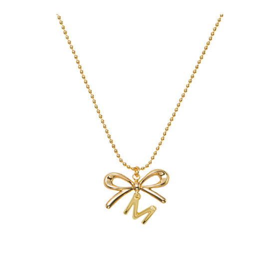 18K Gold Plated Ball Chain Necklace with Gold Bow & Initial "M"